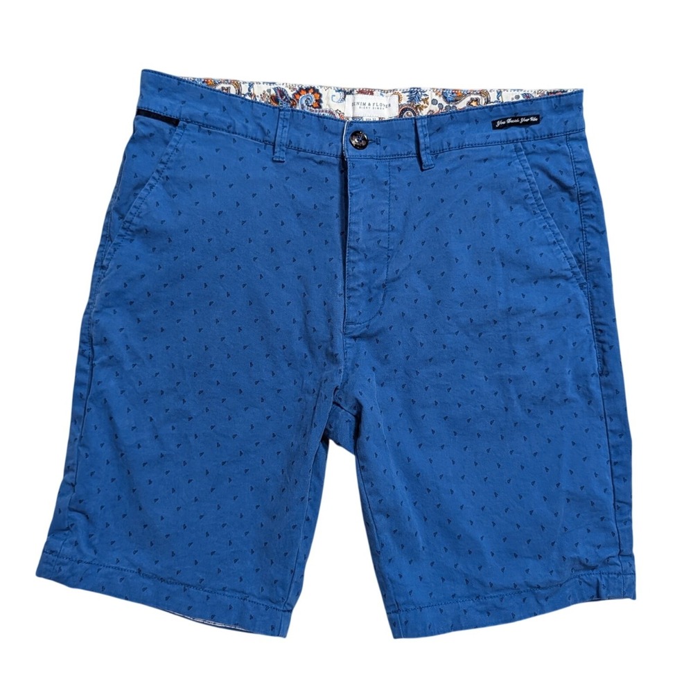 Denim & Flower Ricky Singh Mens Blue Geometric Print Chino Shorts Size 32
